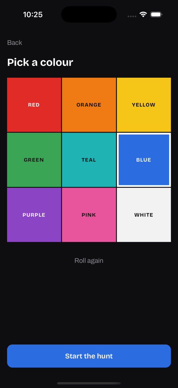 The colour picker in the app: nine colours in a 3 by 3 grid, each with its name, on a dark background. Blue is selected and marked with a border.