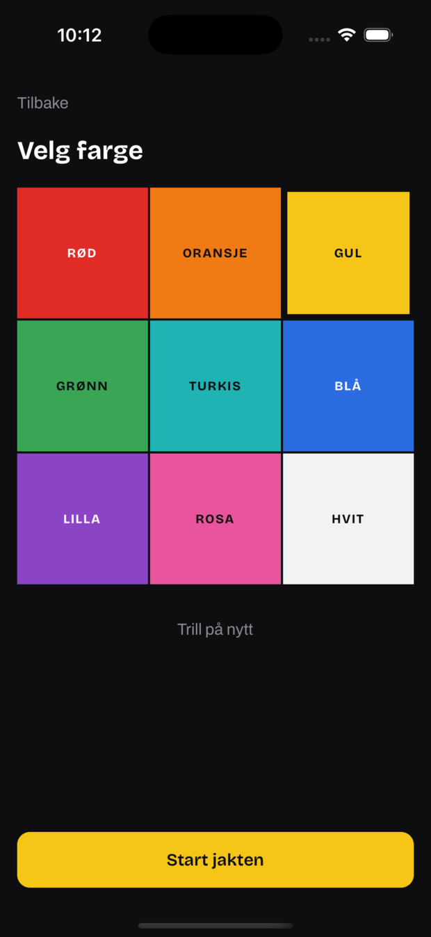 Fargevelgeren i appen: ni farger i et 3×3-rutenett, hver med navnet sitt, på mørk bakgrunn. Rosa er valgt og markert med ramme.